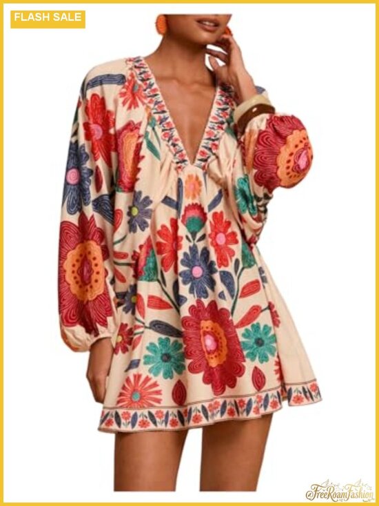 Dresses & Skirts - Boho Floral V Neck Mini Dress Bishop Sleeve Tie Back Shift Dress